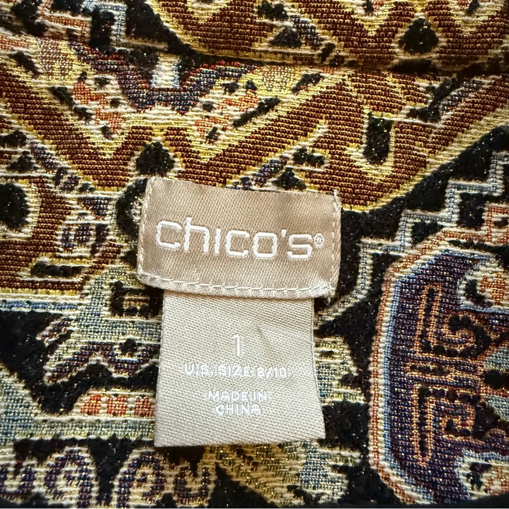 Chico’s Tapestry Jacquard Topper Coat Size 8/10 Fringe-Trim Baroque Brown Tan - Picture 7 of 15